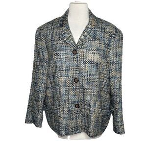Liz Claiborne 2P Denim Blue‎ Tan Tweed Coat Blazer Notch Collar Timeless Classic